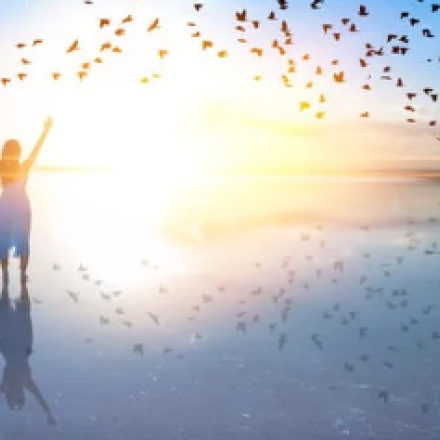 woman in sunset with birds flying around her