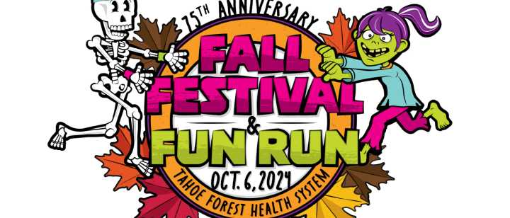 Fall Fest Fun Run logo with halloween cartoon characters and fall leaves