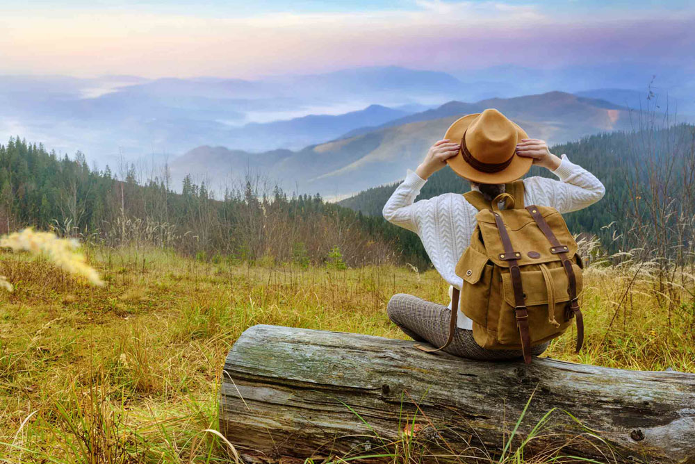 female sitting on log gazing at mountain range