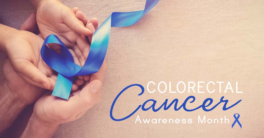 Hands holding blue ribbon with "March is National Colorectal Cancer Awareness Month"