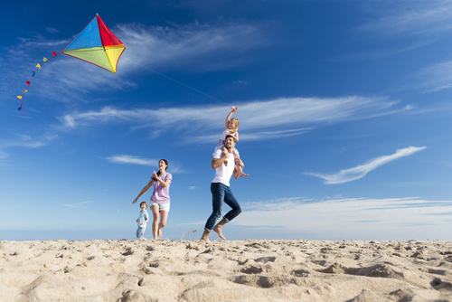 Family playing with a kite on the beach