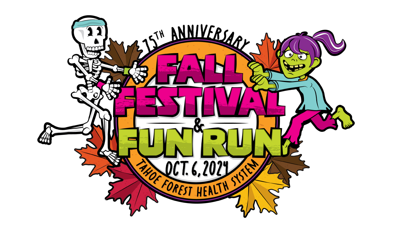 Fall Fest Fun Run logo with halloween cartoon characters and fall leaves