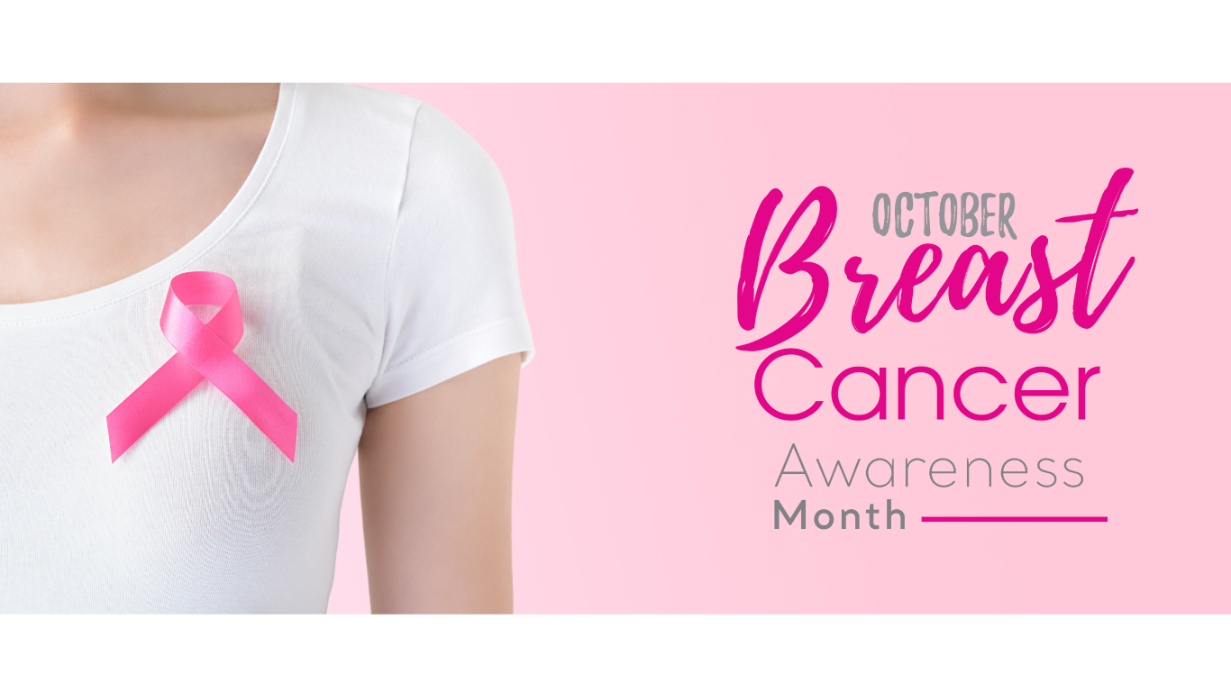 Female chest with pink ribbon pin and text saying October is Breast Cancer Awareness Month