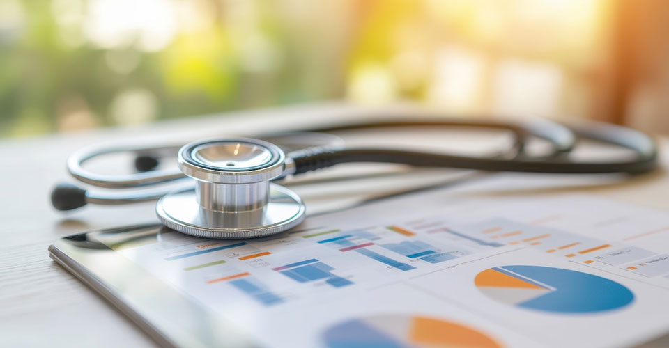 A stethoscope lying on a table on top of charts